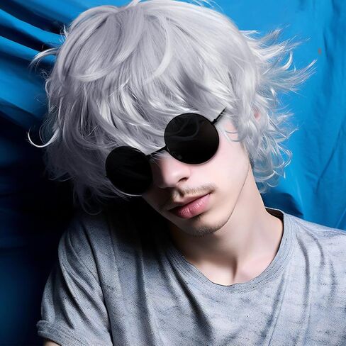 2 PCS Cosplay شعر مستعار مع نظارات سوداء أبيض قصير الأنيمي البارز زي للرجال حفلة أزياء عيد الهالوين in Saudi Arabia