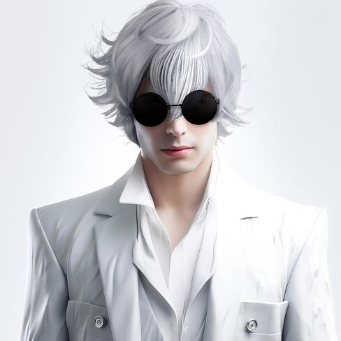 2 PCS Cosplay شعر مستعار مع نظارات سوداء أبيض قصير الأنيمي البارز زي للرجال حفلة أزياء عيد الهالوين in Saudi Arabia