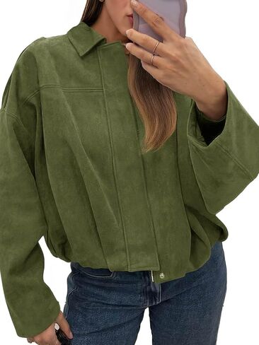 Cicy Bell Womens Faux Suede Bomber Jackets Oversized Cropped Zip Up Lapel Coats Fall Casual Outerwears in Saudi Arabia