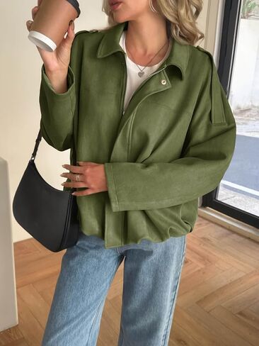 Cicy Bell Womens Faux Suede Bomber Jackets Oversized Cropped Zip Up Lapel Coats Fall Casual Outerwears in Saudi Arabia