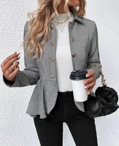 Women's Ruffles Coat Long Sleeve Turn Down Collar Double Breasted Slim Blazer Jacket in Saudi Arabia