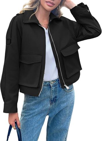 Tankaneo Womens Cropped Casual Jackets Zip Up Lightweight Utility Anorak Coat Military Safari Short Jacket with Pockets in Saudi Arabia