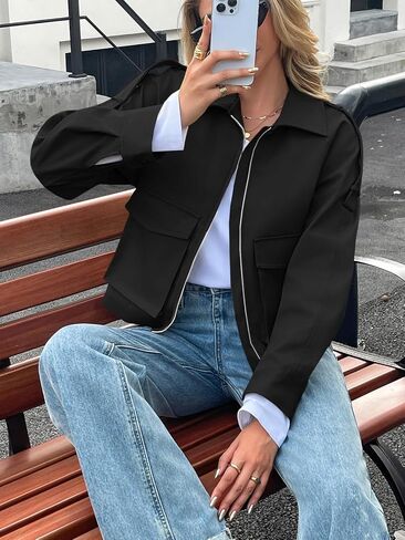 Tankaneo Womens Cropped Casual Jackets Zip Up Lightweight Utility Anorak Coat Military Safari Short Jacket with Pockets in Saudi Arabia