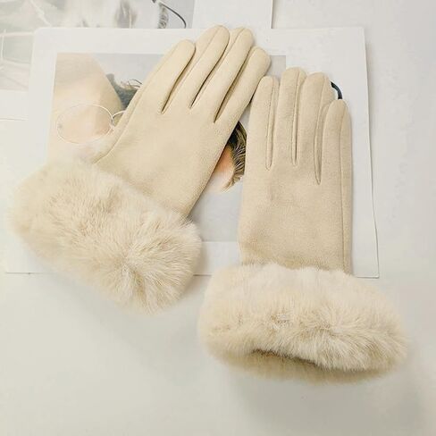 ECYC Women Suede Leather Gloves, Winter Warm Glove with Faux Fur Cuff Touchscreen Mittens Plush Thick Gloves for Women in Saudi Arabia