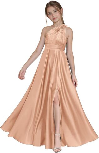 One Shoulder Junior Bridesmaid Dresses with Slit Satin Flower Girl Dress Girls Wedding Guest Dress Pageant Gown in Saudi Arabia