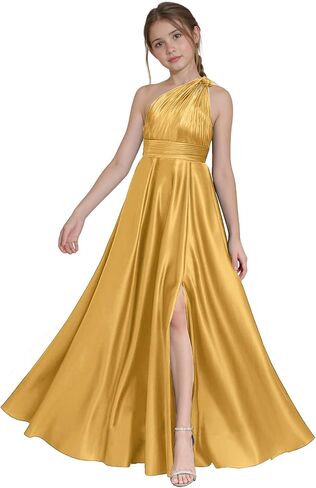 One Shoulder Junior Bridesmaid Dresses with Slit Satin Flower Girl Dress Girls Wedding Guest Dress Pageant Gown in Saudi Arabia