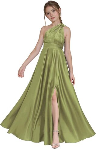 One Shoulder Junior Bridesmaid Dresses with Slit Satin Flower Girl Dress Girls Wedding Guest Dress Pageant Gown in Saudi Arabia