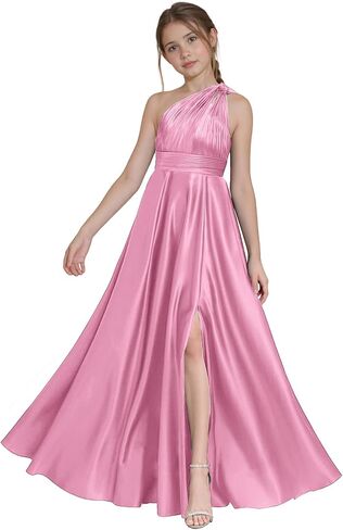 One Shoulder Junior Bridesmaid Dresses with Slit Satin Flower Girl Dress Girls Wedding Guest Dress Pageant Gown in Saudi Arabia