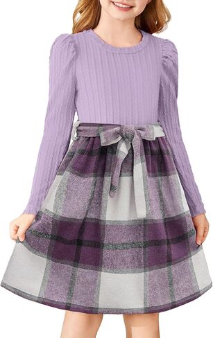 Arshiner Girls Dresses Puff Long Sleeve Rib Knit Plaid Patchwork Belted Holiday Dress with Pockets in Saudi Arabia