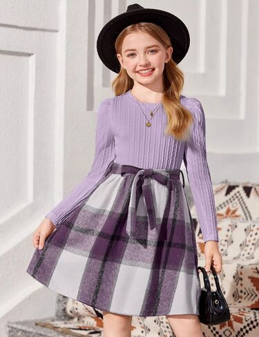 Arshiner Girls Dresses Puff Long Sleeve Rib Knit Plaid Patchwork Belted Holiday Dress with Pockets in Saudi Arabia