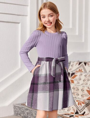 Arshiner Girls Dresses Puff Long Sleeve Rib Knit Plaid Patchwork Belted Holiday Dress with Pockets in Saudi Arabia