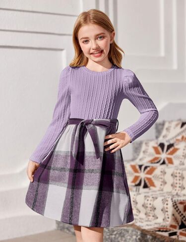 Arshiner Girls Dresses Puff Long Sleeve Rib Knit Plaid Patchwork Belted Holiday Dress with Pockets in Saudi Arabia