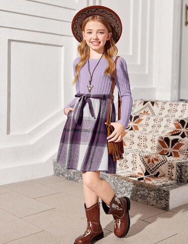 Arshiner Girls Dresses Puff Long Sleeve Rib Knit Plaid Patchwork Belted Holiday Dress with Pockets in Saudi Arabia