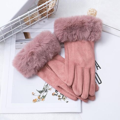 ECYC Women Suede Leather Gloves, Winter Warm Glove with Faux Fur Cuff Touchscreen Mittens Plush Thick Gloves for Women in Saudi Arabia