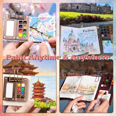 مجموعة لوحة ألوان مائية صغيرة محمولة مكونة من 7 قطع مجموعة ألوان مائية خشبية للسفر مع 3 فرش و12 لونًا وصندوق لوحة ألوان خشبي وكتاب للمشابك والرسم ومجموعة ألوان مائية للمبتدئين والمحترفين in Kuwait