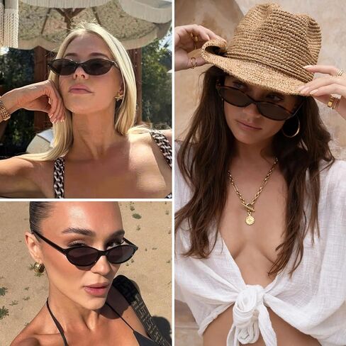Retro Oval Cat Eye Sunglasses for Women Small Y2K Thin Frame 100% UV Protection Lightweight Vintage 90s Sun Glasses in Kuwait