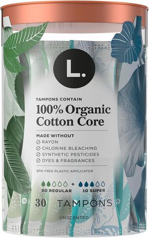 L. Cotton Tampons Regular/Super Absorbency Multipack, Free from Chlorine Bleaching, Pesticides, Fragrances, or Dyes, 30 Count in Kuwait