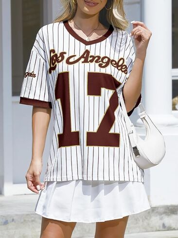 Oversized Jersey Shirts for Women Y2k Baseball Striped Number Graphic Tees V Neck Tshirt Casual Streetwear Tops in Saudi Arabia