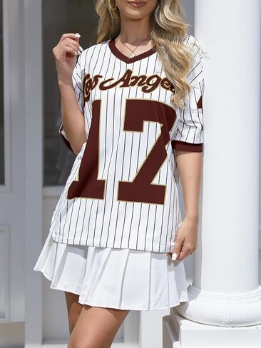 Oversized Jersey Shirts for Women Y2k Baseball Striped Number Graphic Tees V Neck Tshirt Casual Streetwear Tops in Saudi Arabia
