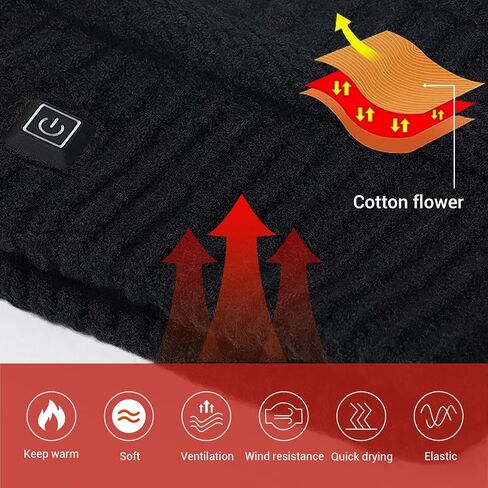 Amoskey Battery Heated Beanie Hat，Heated Wnter Hat ，Electric Rechargeable Warm Winter Heated Fleece Cap Black in Saudi Arabia