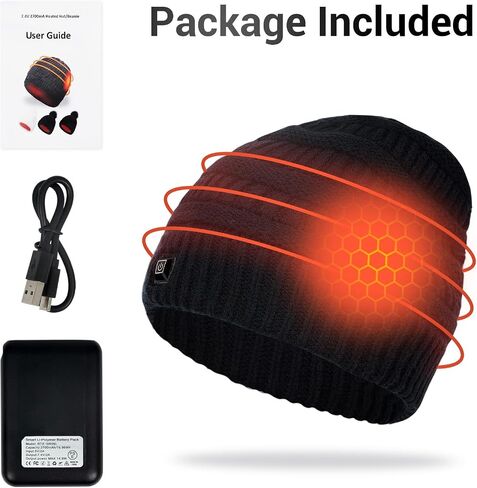 Amoskey Battery Heated Beanie Hat，Heated Wnter Hat ，Electric Rechargeable Warm Winter Heated Fleece Cap Black in Saudi Arabia