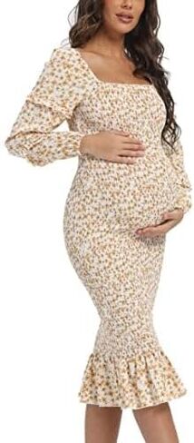Maternity Summer Floral Midi Bodycon Dresses, Long Puff Sleeve Square Neck Ruffle Hem Mermaid Baby Shower Dress in Saudi Arabia