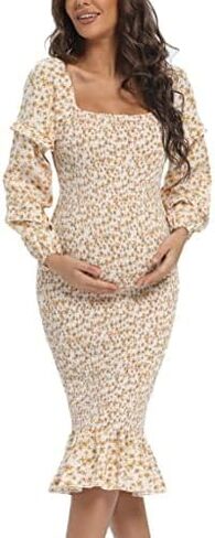 Maternity Summer Floral Midi Bodycon Dresses, Long Puff Sleeve Square Neck Ruffle Hem Mermaid Baby Shower Dress in Saudi Arabia