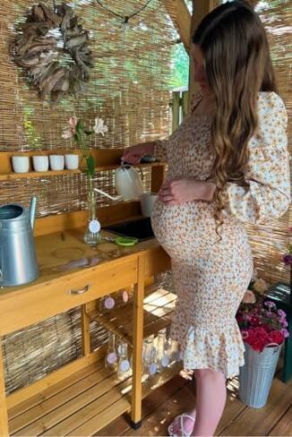 Maternity Summer Floral Midi Bodycon Dresses, Long Puff Sleeve Square Neck Ruffle Hem Mermaid Baby Shower Dress in Saudi Arabia