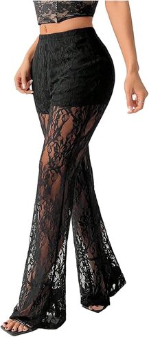 Verdusa Women's Plus Size Floral Lace Flare Pants Goth High Weist Have Prouters in Saudi Arabia