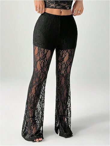 Verdusa Women's Plus Size Floral Lace Flare Pants Goth High Weist Have Prouters in Saudi Arabia