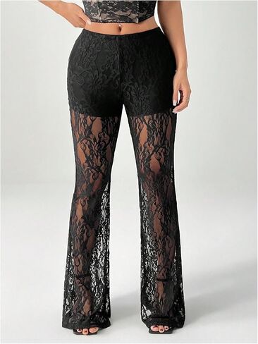 Verdusa Women's Plus Size Floral Lace Flare Pants Goth High Weist Have Prouters in Saudi Arabia