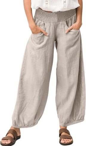 TITOMD Womens Wide Leg Pants Cotton Linen Barrel Pants Elastic Waisted Palazzo Trousers with Pockets in Saudi Arabia