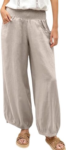 TITOMD Womens Wide Leg Pants Cotton Linen Barrel Pants Elastic Waisted Palazzo Trousers with Pockets in Saudi Arabia