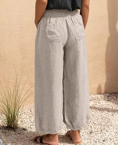 TITOMD Womens Wide Leg Pants Cotton Linen Barrel Pants Elastic Waisted Palazzo Trousers with Pockets in Saudi Arabia