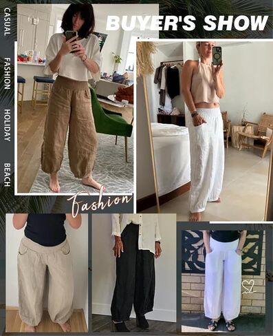 TITOMD Womens Wide Leg Pants Cotton Linen Barrel Pants Elastic Waisted Palazzo Trousers with Pockets in Saudi Arabia