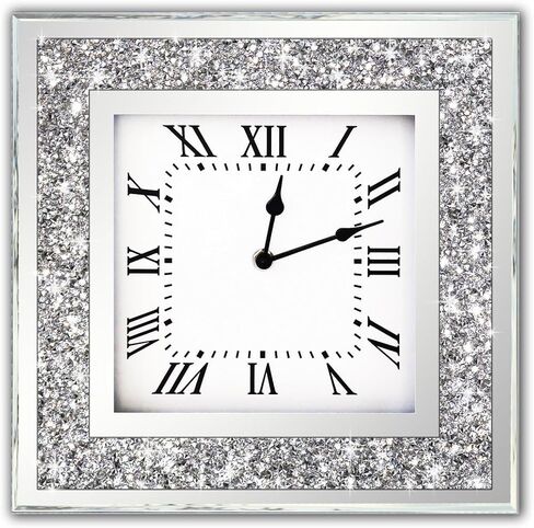 DMDFIRST Crystal Crushed Diamond Mirrored Round Wall Clock 16x16x2 inches for Wall Decoration Silver Glass Mirror Clock Sparkle Twinkle Bling Home Decor. AA Battery is not Included. in Kuwait