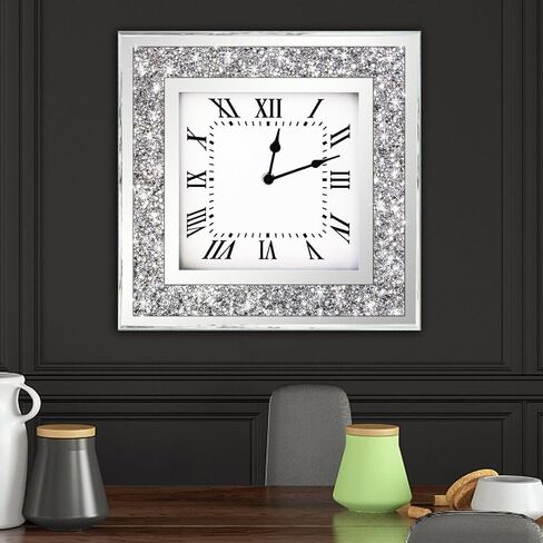 DMDFIRST Crystal Crushed Diamond Mirrored Round Wall Clock 16x16x2 inches for Wall Decoration Silver Glass Mirror Clock Sparkle Twinkle Bling Home Decor. AA Battery is not Included. in Kuwait