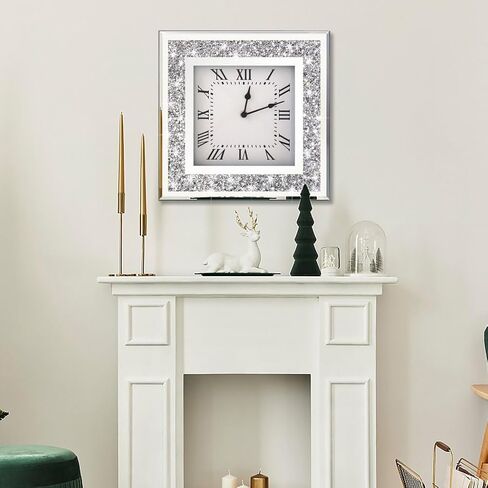 DMDFIRST Crystal Crushed Diamond Mirrored Round Wall Clock 16x16x2 inches for Wall Decoration Silver Glass Mirror Clock Sparkle Twinkle Bling Home Decor. AA Battery is not Included. in Kuwait