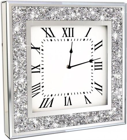 DMDFIRST Crystal Crushed Diamond Mirrored Round Wall Clock 16x16x2 inches for Wall Decoration Silver Glass Mirror Clock Sparkle Twinkle Bling Home Decor. AA Battery is not Included. in Kuwait