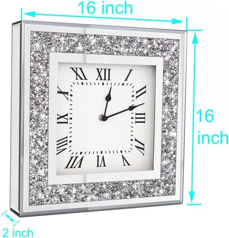 DMDFIRST Crystal Crushed Diamond Mirrored Round Wall Clock 16x16x2 inches for Wall Decoration Silver Glass Mirror Clock Sparkle Twinkle Bling Home Decor. AA Battery is not Included. in Kuwait