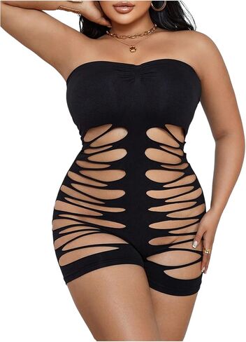 OYOANGLE Women's Plus Size Hollow Out Strapless Lingerie Romper Sleeveless Ruched One Piece Lingerie in Saudi Arabia