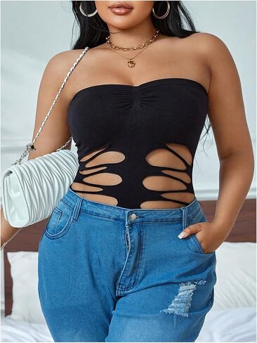 OYOANGLE Women's Plus Size Hollow Out Strapless Lingerie Romper Sleeveless Ruched One Piece Lingerie in Saudi Arabia