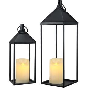 17" 13" Modern Farmhouse Candle Lantern Decor Set of 2 Black Metal Candle Lanterns with Flameless Candles, Lanterns Decorative Indoor for Fireplace Mantle Table Outdoor Lanterns for Patio Porch Garden in Saudi Arabia