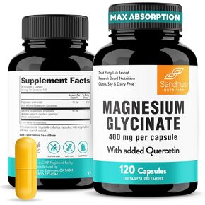 Sandhu Magnesium Glycinate 400mg كبسولات مع Quercetin | جودة النوم ، والاسترخاء ، وصحة العضلات ودعم المناعة | 120 عدد (حزمة 1) | من السهل ابتلاع | للنساء والرجال in Kuwait