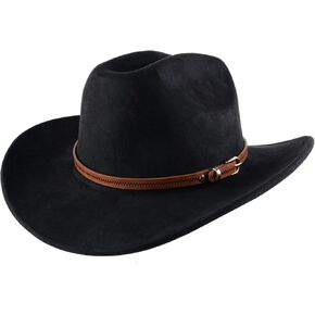 قبعة رعاة البقر للنساء والرجال ، قبعات رعاة البقر الغربية للجنسين ، كلاسيكية شعرت بحافة واسعة من قبعة رعاة البقر رعاة البقر مع حزام ، أسود in Kuwait