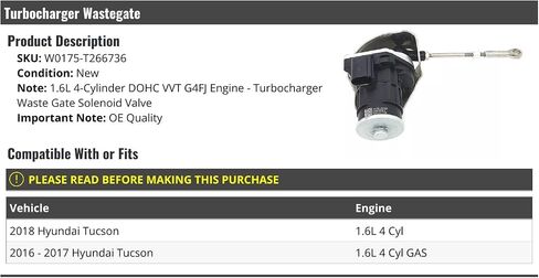 صمام الملف اللولبي الشاحن التوربيني-متوافق مع 2016-2018 Hyundai Tucson 1.6L 4 أسطوانات DOHC VVT (مع محرك G4FJ) in Saudi Arabia