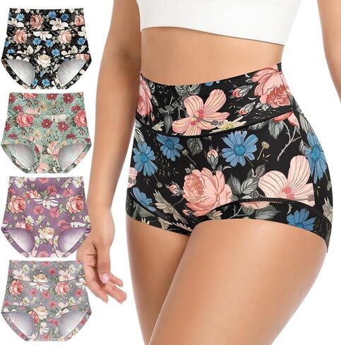 Women's Underwear Mid Waisted Panties Breathable Full Coverage Printed Comfortable ladies Floral 4 Pack in Saudi Arabia