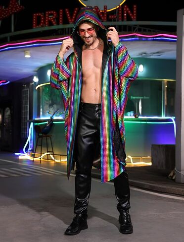 Odizli Mens Disco Metallic Hooded Kimino Festival Cape Batwing Sleeve Lourd Nasual Herfits for Men Rets in Saudi Arabia