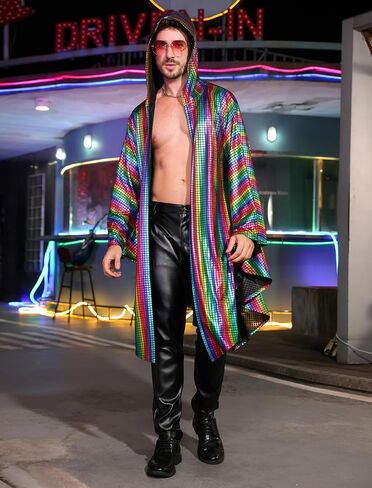 Odizli Mens Disco Metallic Hooded Kimino Festival Cape Batwing Sleeve Lourd Nasual Herfits for Men Rets in Saudi Arabia