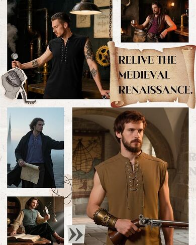 Cotton Mens Renaissance Shirt Pirate Medieval,Sleeveless Halloween Costume Steampunk Viking Lace-up Stand Collar Shirts in Saudi Arabia